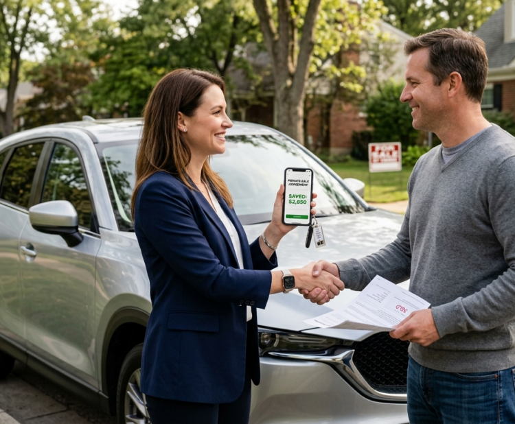 Professional car buyer service helping a client negotiate the best vehicle deal